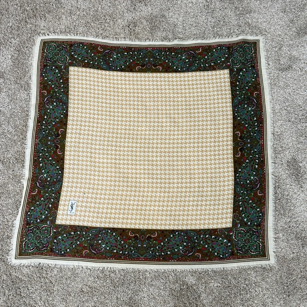 YSL Vintage Houndstooth Paisley Square Scarf Tan Cream Brown Green Red FLAWS